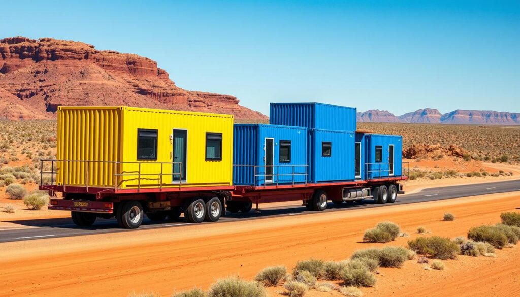 Modular container dwellings being transported