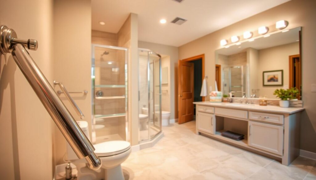 Grab bars installation in a senior-friendly bathroom