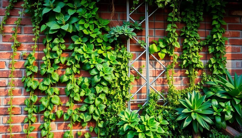 A beautifully designed vertical garden with lush greenery cascading down a weathered brick wall. The foreground features a variety of trailing vines, leafy plants, and succulents strategically arranged in a harmonious composition. The middle ground showcases a sturdy metal trellis system supporting the vertical garden, blending seamlessly with the brick texture. The background highlights the warm, natural lighting, casting gentle shadows that accentuate the depth and texture of the scene. The overall atmosphere is one of tranquility, highlighting the effortless integration of nature within an urban setting.