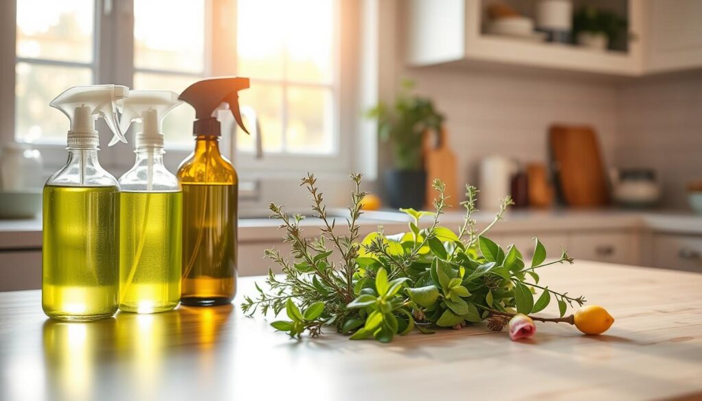 A bright, well-lit kitchen countertop with a collection of natural, plant-based cleaning products. In the foreground, glass spray bottles filled with green-tinted solutions are arranged neatly. The middle ground showcases a variety of herbs, such as rosemary, thyme, and lemon balm, which are commonly used in homemade cleaners. In the background, a large window lets in warm, diffused sunlight, creating a soothing, calming atmosphere. The scene conveys a sense of simplicity, sustainability, and a commitment to pet-safe, eco-friendly cleaning practices. A bright, well-lit kitchen countertop with a collection of natural, plant-based cleaning products. In the foreground, glass spray bottles filled with green-tinted solutions are arranged neatly. The middle ground showcases a variety of herbs, such as rosemary, thyme, and lemon balm, which are commonly used in homemade cleaners. In the background, a large window lets in warm, diffused sunlight, creating a soothing, calming atmosphere. The scene conveys a sense of simplicity, sustainability, and a commitment to pet-safe, eco-friendly cleaning practices.