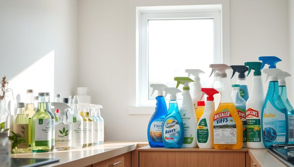 A clean, modern kitchen with natural light streaming in. On the left, a display of eco-friendly cleaning products - an assortment of glass bottles, plant-based formulas, and minimalist packaging. On the right, traditional chemical-based cleaners in plastic containers, with bold branding and overly busy designs. The eco-friendly products are arranged in a neat, organized manner, conveying a sense of purity and sustainability, while the traditional cleaners appear cluttered and jarring. The lighting is soft and diffused, creating a warm, inviting atmosphere that highlights the visual contrast between the two product categories. The camera angle is slightly elevated, giving the viewer a comprehensive overview of the scene. A clean, modern kitchen with natural light streaming in. On the left, a display of eco-friendly cleaning products - an assortment of glass bottles, plant-based formulas, and minimalist packaging. On the right, traditional chemical-based cleaners in plastic containers, with bold branding and overly busy designs. The eco-friendly products are arranged in a neat, organized manner, conveying a sense of purity and sustainability, while the traditional cleaners appear cluttered and jarring. The lighting is soft and diffused, creating a warm, inviting atmosphere that highlights the visual contrast between the two product categories. The camera angle is slightly elevated, giving the viewer a comprehensive overview of the scene.