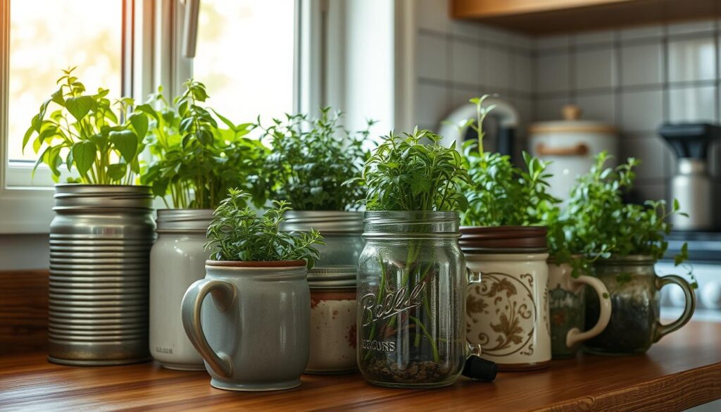 A cozy kitchen counter filled with an array of repurposed containers - tin cans, mason jars, and ceramic mugs - each overflowing with thriving herbs and succulents. Sunlight streams in through the window, casting a warm glow on the upcycled tableau. In the foreground, a mix of textures - the smooth, glossy surfaces of the ceramic and glass, the rustic, weathered patina of the tin - creating a harmonious and visually engaging composition. The plants themselves add pops of vibrant green, complementing the earthy tones of the recycled vessels. The overall mood is one of creativity, sustainability, and the joy of transforming everyday items into something beautiful and functional for the home garden.