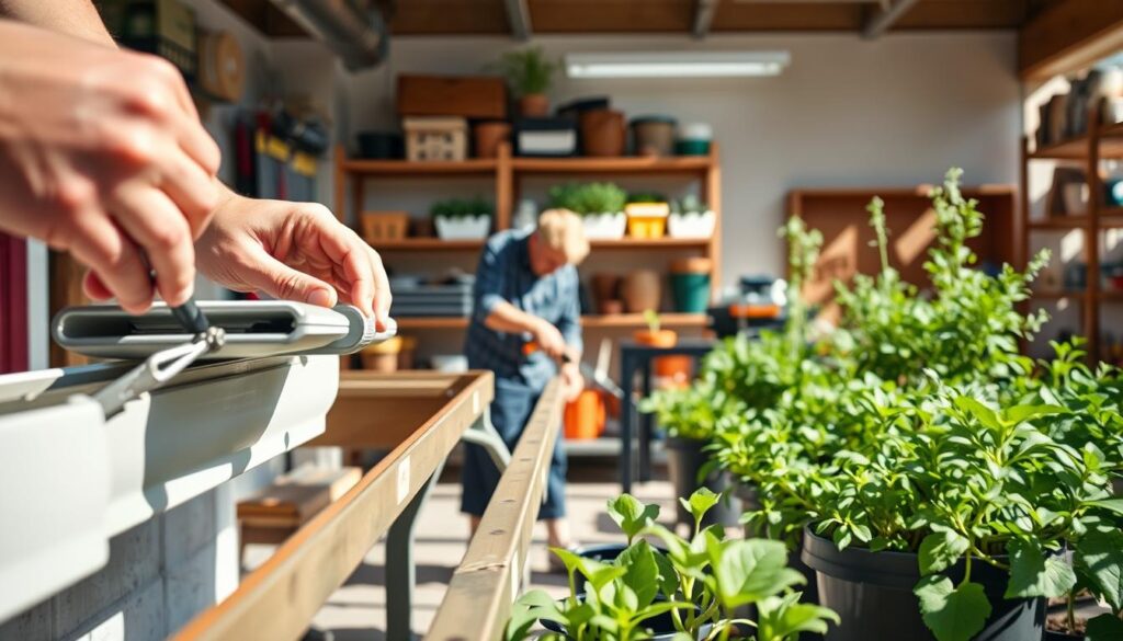 A detailed DIY guide for constructing an efficient gutter garden project. In the foreground, close-up shots of a person's hands installing gutter segments, gutters, and plant containers. In the middle ground, a person cutting and measuring gutter sections with tools. In the background, a well-lit, organized workshop space with shelves of gardening supplies. The lighting is bright and natural, with shadows casting a sense of depth. The overall atmosphere conveys a step-by-step, instructional tone suitable for a DIY tutorial.