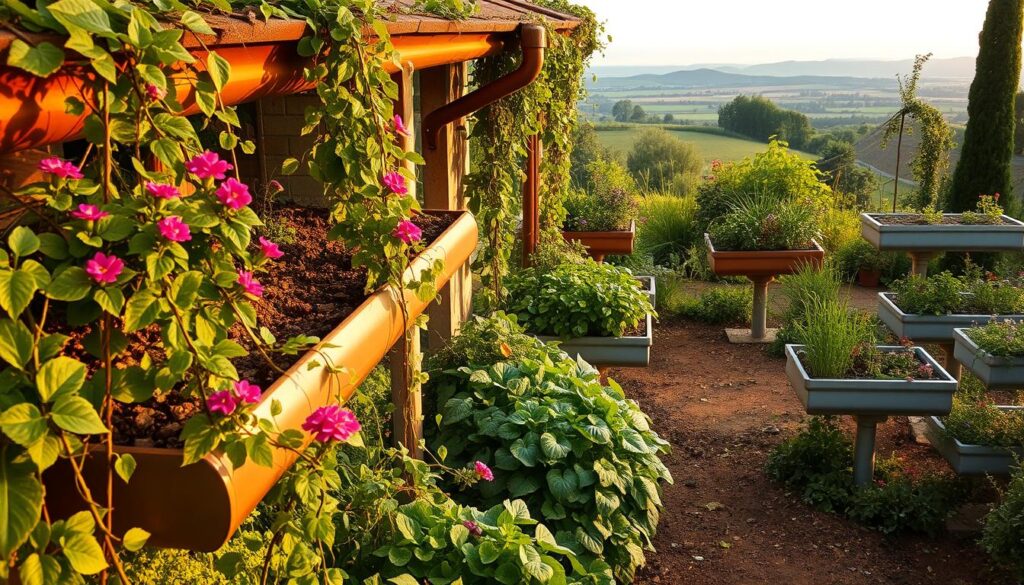 A lush, verdant garden nestled amidst a captivating array of repurposed rain gutters. In the foreground, a series of gently cascading gutters overflowing with vibrant, trailing vines and blooming flowers, their metallic surfaces bathed in warm, golden light. In the middle ground, additional gutters have been artfully transformed into planter boxes, showcasing an abundance of thriving herbs and vegetables. The background reveals a picturesque landscape, with a softly blurred horizon and a serene, overcast sky, lending a calming, natural atmosphere to the scene. The composition is balanced, the lighting is soft and diffused, and the overall mood is one of creativity, sustainability, and a harmonious integration of the garden with its repurposed gutter elements.