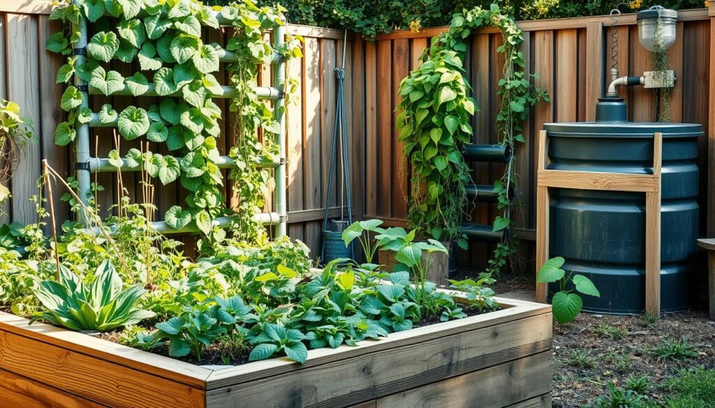 A lush, well-organized sustainable garden setup. In the foreground, a raised garden bed made from reclaimed wooden planks, filled with thriving vegetables and herbs. In the middle ground, a vertical garden system constructed from repurposed gutters, cascading with leafy greens and trailing vines. In the background, a fully stocked compost bin and a rainwater harvesting system, complementing the overall eco-friendly design. Soft, diffused natural lighting filters through the scene, creating a warm, inviting atmosphere. The entire setup embodies a harmonious integration of practical functionality and environmental consciousness, inspiring a sense of tranquility and mindfulness.