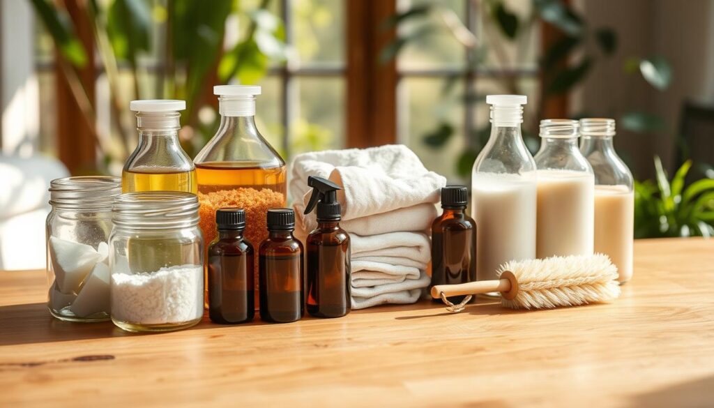 A neatly arranged collection of various homemade cleaning products on a wooden surface. In the foreground, glass jars filled with natural ingredients such as baking soda, vinegar, and essential oils. In the middle ground, reusable cloth rags and a scrub brush. In the background, a blend of natural greenery and sunlight filtering through a window, creating a warm, inviting atmosphere. The overall scene conveys a sense of simplicity, sustainability, and a commitment to eco-friendly cleaning practices.