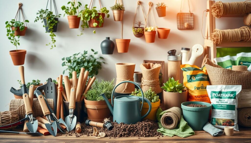 A neatly arranged still life composition showcasing the essential materials and tools for a vertical garden project. In the foreground, an assortment of gardening implements including trowels, pruners, and a watering can. In the middle ground, various planting containers such as hanging baskets, wall-mounted planters, and pots made of natural materials like wood and terracotta. In the background, rolls of jute twine, gardening gloves, and a selection of potting soil and fertilizers. Warm, natural lighting casts a soft glow over the scene, highlighting the textures and colors of the organic elements. The overall atmosphere conveys a sense of resourcefulness and preparedness for a DIY vertical garden project.