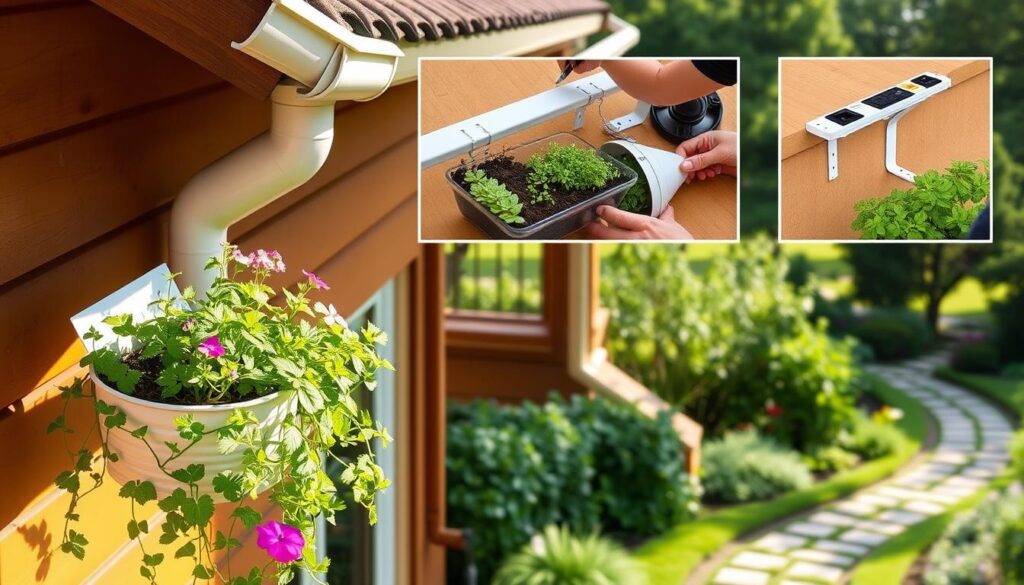 A neatly installed gutter planter system, with lush greenery cascading from a classic white metal gutter securely attached to the edge of a warm wooden house. The foreground showcases vibrant flowers and herbs thriving in the repurposed container, bathed in soft, natural lighting. The middle ground features the step-by-step installation process, with detailed shots of the brackets, soil, and plants being carefully placed. The background reveals a picturesque garden setting, complete with a winding path and verdant landscaping, setting the scene for this sustainable and visually appealing DIY project.