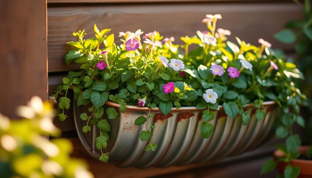 A rustic gutter planter nestled in a cozy corner, its weathered metal gleaming in the soft, golden light. Lush foliage cascades over the edges, creating a verdant, inviting display. The planter is positioned at eye level, allowing for easy access and enjoyment. Delicate flowers in vibrant hues peek out, adding pops of color to the scene. The background is blurred, keeping the focus on the planter's charming simplicity. A sense of tranquility and personal touch pervades the image, capturing the essence of small-space gardening.