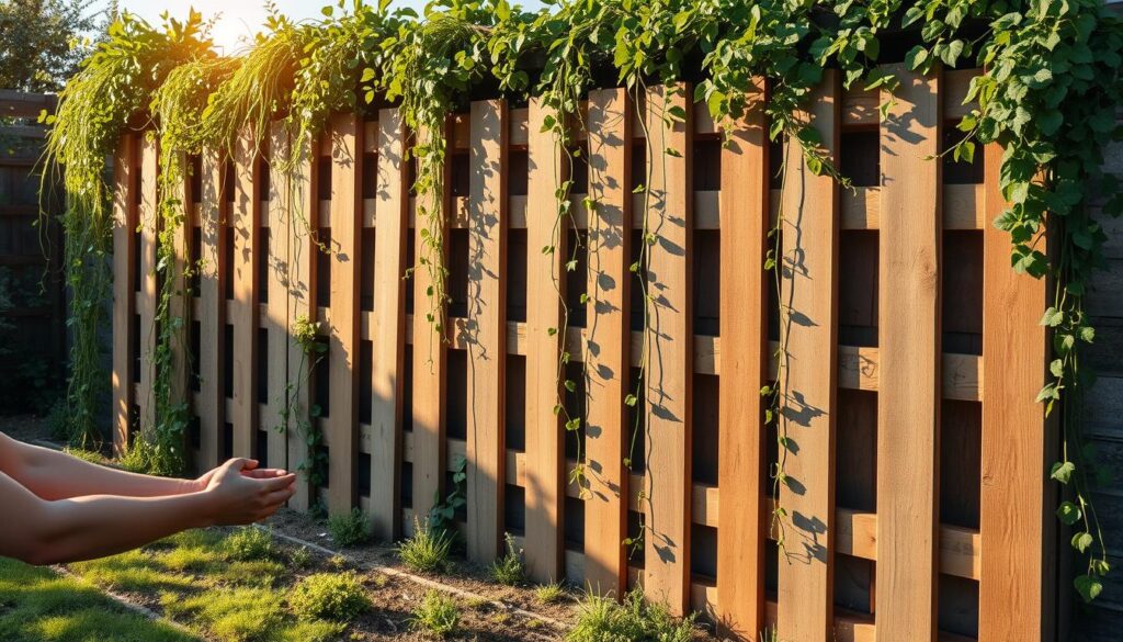 A series of wooden pallets standing vertically, arranged in a staggered pattern to create a modular garden wall. The pallets are weathered and distressed, their planks casting long shadows across the ground. In the foreground, a person's hands are shown carefully fitting the pallets together, demonstrating the construction process. The background features a lush, overgrown garden setting, with trailing vines and verdant foliage cascading down the wall. The lighting is soft and natural, with a warm golden hue suffusing the scene. The overall mood is one of rustic practicality and organic growth, capturing the essence of a DIY pallet wall garden project.