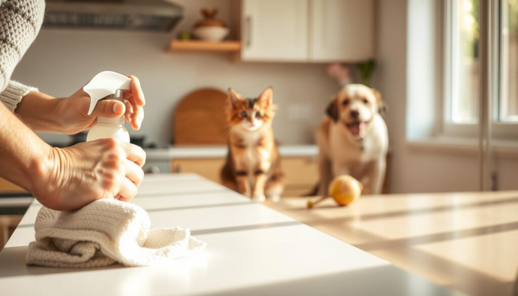 A spotlessly clean kitchen counter, illuminated by warm, natural lighting. In the foreground, a pet owner gently wipes down surfaces with a soft, microfiber cloth, using pet-safe cleaning solutions. In the middle ground, a curious cat watches intently, while a happy dog plays with a chew toy nearby. The atmosphere is calm and reassuring, conveying the importance of safe, gentle cleaning techniques when pets are present. The image should capture the essence of responsible, eco-friendly home maintenance that prioritizes the well-being of beloved animal companions. A spotlessly clean kitchen counter, illuminated by warm, natural lighting. In the foreground, a pet owner gently wipes down surfaces with a soft, microfiber cloth, using pet-safe cleaning solutions. In the middle ground, a curious cat watches intently, while a happy dog plays with a chew toy nearby. The atmosphere is calm and reassuring, conveying the importance of safe, gentle cleaning techniques when pets are present. The image should capture the essence of responsible, eco-friendly home maintenance that prioritizes the well-being of beloved animal companions.
