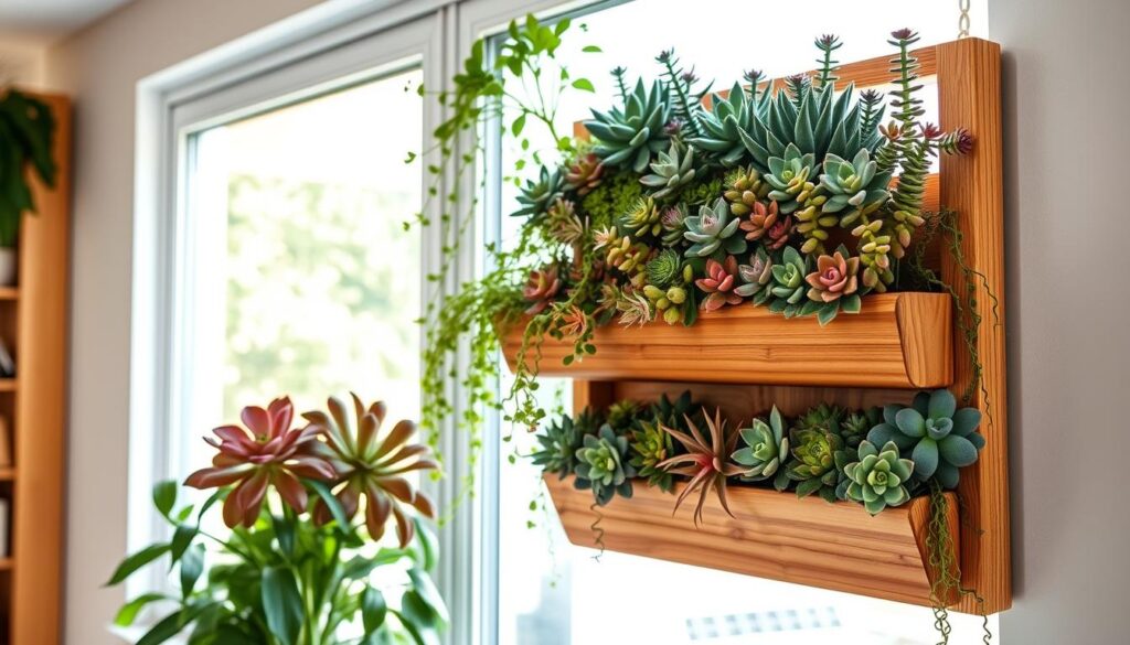 A three-tiered, window-mounted vertical succulent garden. The foreground shows an assortment of diverse succulents - plump rosettes, trailing vines, and spiky echeverias - overflowing from individual wooden planter boxes. The middle layer depicts the custom-built wooden frame, with clean lines and a natural finish, securely mounted to the window. The background showcases a bright, sunlit room, with natural light streaming in, illuminating the vibrant colors and textures of the lush, living wall. The overall scene conveys a sense of tranquility, balance, and sustainable indoor gardening.