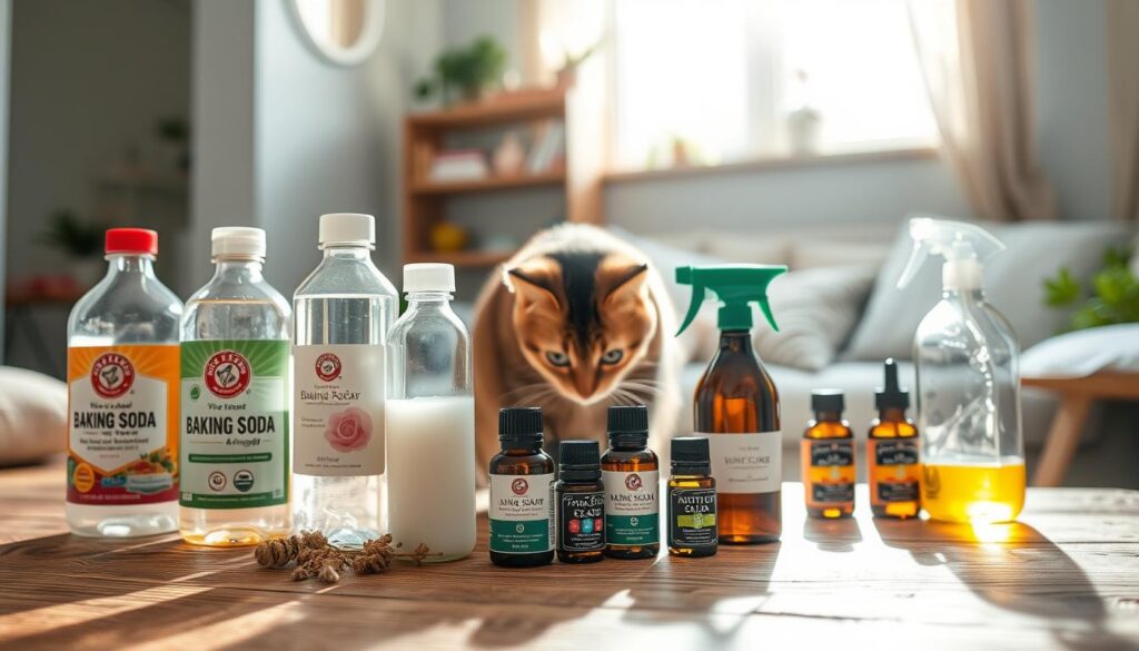 A tranquil scene showcasing various pet-safe green cleaning solutions. In the foreground, a selection of natural ingredients such as baking soda, vinegar, and essential oils are neatly arranged on a wooden surface, emanating a fresh and invigorating scent. In the middle ground, a playful cat is curiously sniffing the cleaning products, highlighting the importance of using safe, non-toxic materials around pets. The background depicts a cozy, sun-drenched interior, creating a calming and serene atmosphere. The lighting is soft and diffused, casting a warm glow over the entire scene. Captured with a wide-angle lens, the composition emphasizes the harmony between natural cleaning solutions and the well-being of beloved pets. A tranquil scene showcasing various pet-safe green cleaning solutions. In the foreground, a selection of natural ingredients such as baking soda, vinegar, and essential oils are neatly arranged on a wooden surface, emanating a fresh and invigorating scent. In the middle ground, a playful cat is curiously sniffing the cleaning products, highlighting the importance of using safe, non-toxic materials around pets. The background depicts a cozy, sun-drenched interior, creating a calming and serene atmosphere. The lighting is soft and diffused, casting a warm glow over the entire scene. Captured with a wide-angle lens, the composition emphasizes the harmony between natural cleaning solutions and the well-being of beloved pets.
