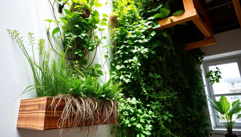A vertical garden against a white wall, with lush greenery cascading down. In the foreground, a wooden planter tray filled with diverse plants, their roots entwined in a tapestry of textures. The middle ground showcases the installation process, with metal brackets and wooden supports creating a modular framework. Sunlight filters through a nearby window, casting soft shadows and highlighting the vibrant foliage. The overall composition conveys a sense of harmony, inviting the viewer to imagine the tranquil ambiance of this urban oasis.