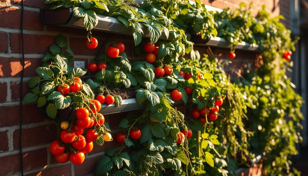 A vertical gutter garden installation overflowing with vibrant, healthy vegetables. The gutters are mounted on a brick wall, casting dramatic shadows. Various leafy greens, tomatoes, and herbs spill out in an organized yet wild arrangement. Warm afternoon sunlight filters through, creating a soft, inviting atmosphere. The scene is captured from a slightly elevated angle, showcasing the depth and texture of the thriving garden. Subtle vignetting draws the eye to the center, emphasizing the orderly yet bountiful layout of the vertical garden.