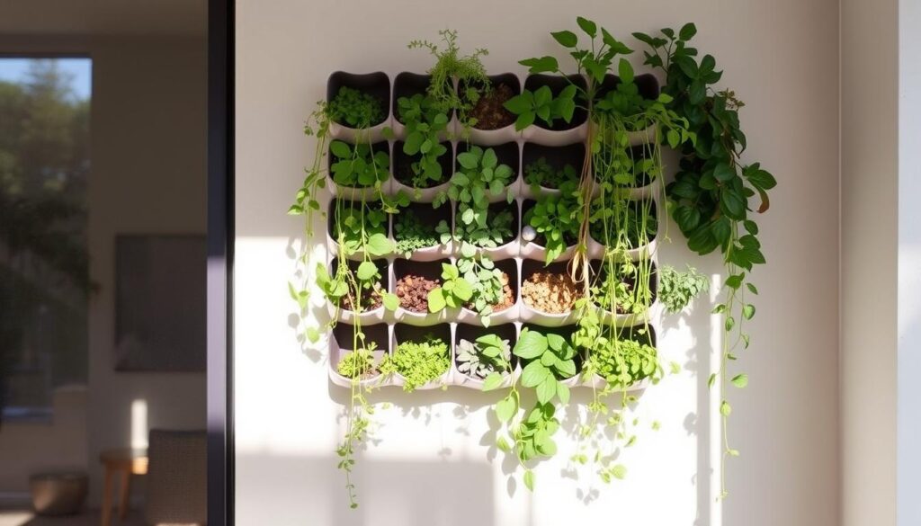 A vertical herb garden built using a repurposed shoe organizer, mounted on a wall or supported by a sturdy frame. The organizer's individual compartments hold various aromatic herbs, spices, and small succulents, creating a lush, cascading display. Soft, natural lighting illuminates the greenery, casting gentle shadows and highlighting the textures of the leaves. The overall composition is visually balanced, with the vertical structure complemented by the organic shapes and colors of the plants. The scene conveys a sense of tranquility and practical functionality, suitable for an indoor or covered outdoor setting.