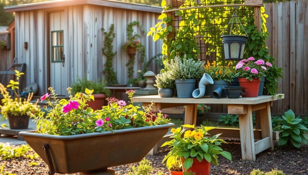 A vibrant garden scene showcasing repurposed gutter supplies. In the foreground, an old metal gutter is transformed into a lush planter, overflowing with thriving greenery and colorful blooms. The middle ground features a rustic wooden potting bench, its surface adorned with an assortment of repurposed gutter downspouts, now functioning as unique planters. In the background, a charming old shed stands, its weathered walls partially obscured by a verdant trellis made from salvaged gutter sections. Warm, golden sunlight filters through the scene, casting a cozy, inviting atmosphere. The overall composition celebrates the beauty that can arise from the repurposing of everyday household items, inspiring viewers to find new life in the discarded.
