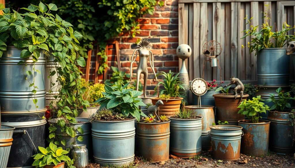 A vibrant industrial-inspired garden scene with upcycled metal buckets and containers. In the foreground, an assortment of repurposed buckets, cans, and barrels are artfully arranged, overflowing with lush greenery and cascading vines. The middle ground features a mix of potted plants and small-scale sculptures crafted from scrap metal, creating a captivating visual interplay. In the background, a rustic brick wall or weathered wooden fence serves as a backdrop, lending an authentic, urban-gardening vibe. Warm, soft lighting bathes the scene, casting gentle shadows and adding depth and dimension. The overall composition conveys a sense of sustainability, creativity, and the transformative power of upcycling.