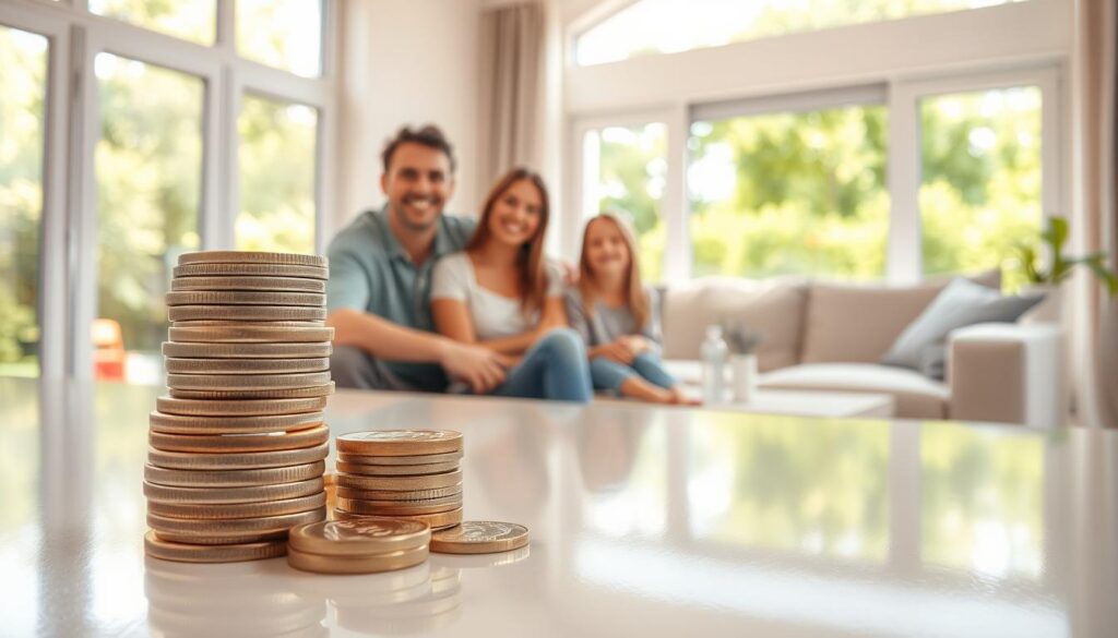 A warm-toned, photorealistic image depicting the long-term financial benefits of eco-cleaning. In the foreground, a stack of coins representing cost savings sits atop a shining, clean surface. In the middle ground, a smiling family enjoys a spotless living room, with natural light streaming in through large windows. The background shows a lush, verdant outdoor scene, symbolizing the environmental sustainability of eco-friendly cleaning practices. The image conveys a sense of financial security, domestic comfort, and environmental consciousness, highlighting the holistic advantages of eco-cleaning.