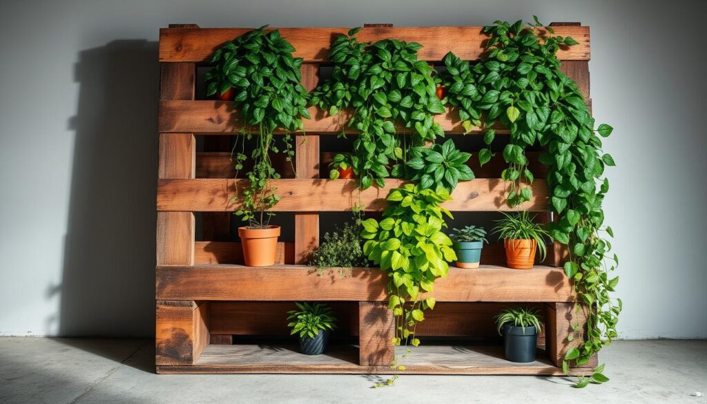 A well-constructed wooden pallet standing upright, its weathered boards arranged to form a grid-like structure. Lush greenery cascades down from various potted plants nestled within the pallet's openings, creating a vibrant, living vertical garden. Soft, diffused lighting casts gentle shadows, highlighting the texture of the wood and the verdant foliage. The composition is balanced, with the pallet's sturdy frame providing a strong focal point, accentuating the DIY nature of the project. An air of tranquility and natural harmony permeates the scene, inviting the viewer to imagine the possibilities of this versatile, space-saving gardening solution.