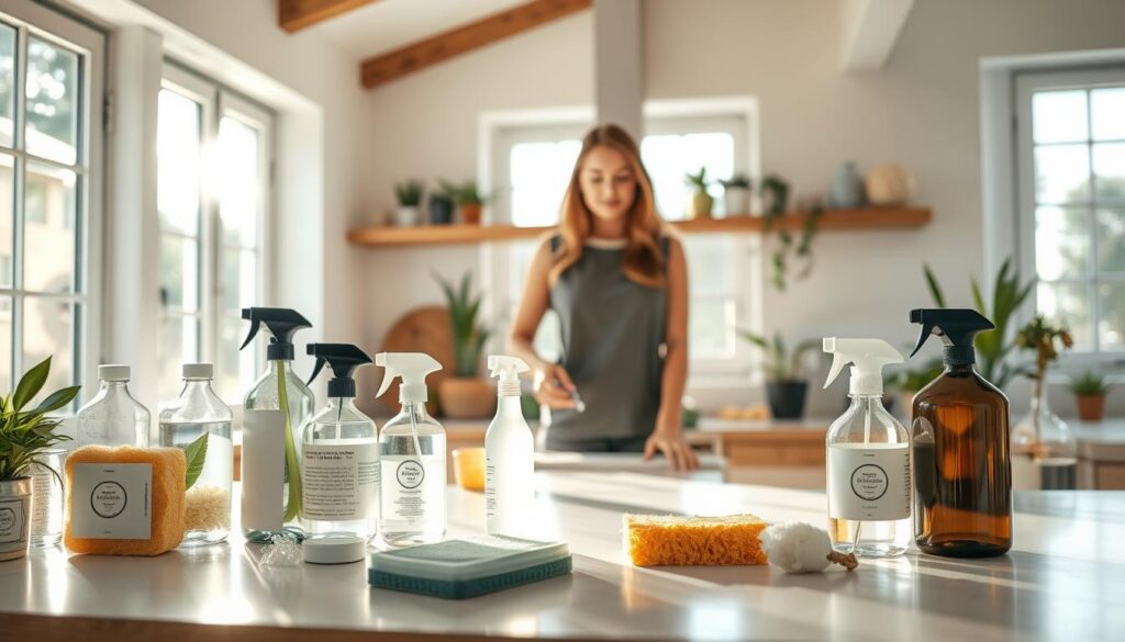 A well-lit, airy kitchen showcasing sustainable cleaning strategies. In the foreground, a variety of eco-friendly cleaning products - natural sponges, refillable spray bottles, and plant-based detergents. The middle ground features a person demonstrating the proper techniques for wiping down surfaces, their movements graceful and purposeful. Sunlight streams in through large windows, creating a warm, inviting ambiance. Wooden accents and potted plants lend a sense of natural harmony to the space. The overall atmosphere conveys a feeling of mindfulness, efficiency, and a commitment to environmental responsibility.