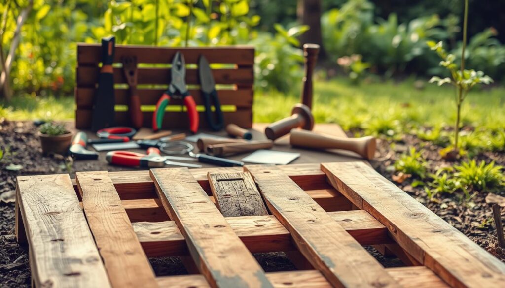A well-lit, detailed scene of a pallet garden preparation process. In the foreground, a sturdy wooden pallet is laid out, its slats and beams meticulously inspected for any damage or wear. In the middle ground, various garden tools are neatly arranged, including pruning shears, sandpaper, and a hammer, suggesting the modifications and refinements needed to prepare the pallet. The background features a serene, natural setting, with lush greenery and a soft, diffused lighting, creating a calming and inspirational atmosphere for the pallet garden project.