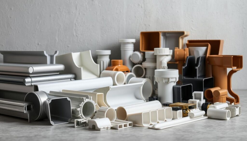A well-lit, detailed still life composition showcasing an assortment of rain gutter materials. In the foreground, a selection of metal, plastic, and aluminum gutters in various shapes and sizes are arranged neatly. The middle ground features various gutter accessories like end caps, downspouts, and connectors, all in a range of finishes. The background has a subtle, textured wall or surface, providing a clean, neutral backdrop to highlight the diverse gutter components. The lighting is soft and diffused, accentuating the textures and colors of the materials. The overall mood is one of functional simplicity, conveying the versatility and practical nature of rain gutter systems.