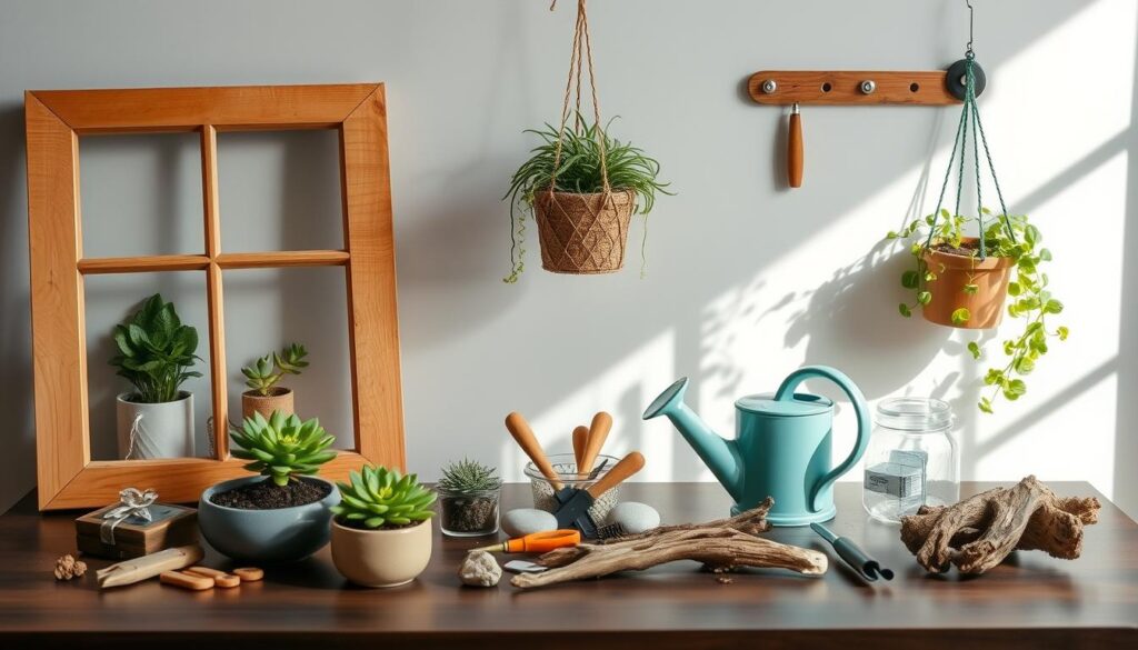 A well-lit, neatly organized tabletop showcasing the essential materials for a DIY vertical garden project: a wooden window frame, assorted succulent plants, a hanging planter basket, soil, a watering can, gardening tools, and various decorative elements like stones and driftwood. The materials are arranged in a visually appealing and balanced composition, conveying a sense of rustic charm and a commitment to sustainable, eco-friendly gardening. The lighting is natural and diffused, creating soft shadows and highlighting the textures of the materials. The overall mood is one of tranquility, creativity, and a connection to nature.