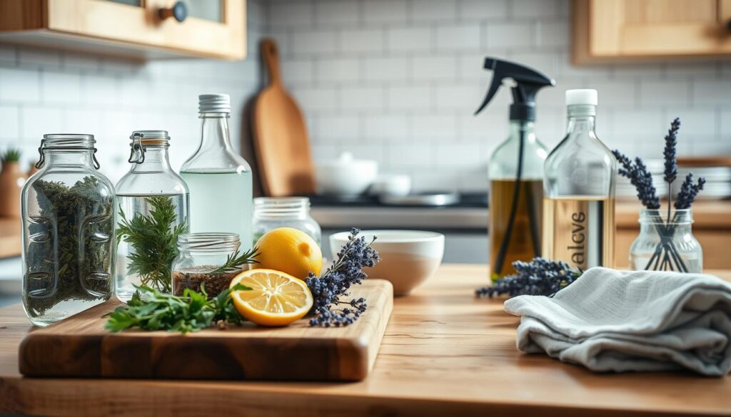 A well-lit, rustic kitchen counter showcasing an array of natural cleaning ingredients. In the foreground, glass jars and bottles filled with homemade cleaning solutions made from ingredients like baking soda, vinegar, essential oils, and lemon. A wooden cutting board displays dried herbs, citrus slices, and bunches of lavender. In the middle ground, a small ceramic mixing bowl and a stack of clean cloths. The background features a simple, white-tiled backsplash and natural-toned cabinetry, creating a warm, inviting atmosphere. Soft, diffused lighting casts a gentle glow, highlighting the vibrant colors and textures of the natural cleaning products. A well-lit, rustic kitchen counter showcasing an array of natural cleaning ingredients. In the foreground, glass jars and bottles filled with homemade cleaning solutions made from ingredients like baking soda, vinegar, essential oils, and lemon. A wooden cutting board displays dried herbs, citrus slices, and bunches of lavender. In the middle ground, a small ceramic mixing bowl and a stack of clean cloths. The background features a simple, white-tiled backsplash and natural-toned cabinetry, creating a warm, inviting atmosphere. Soft, diffused lighting casts a gentle glow, highlighting the vibrant colors and textures of the natural cleaning products.
