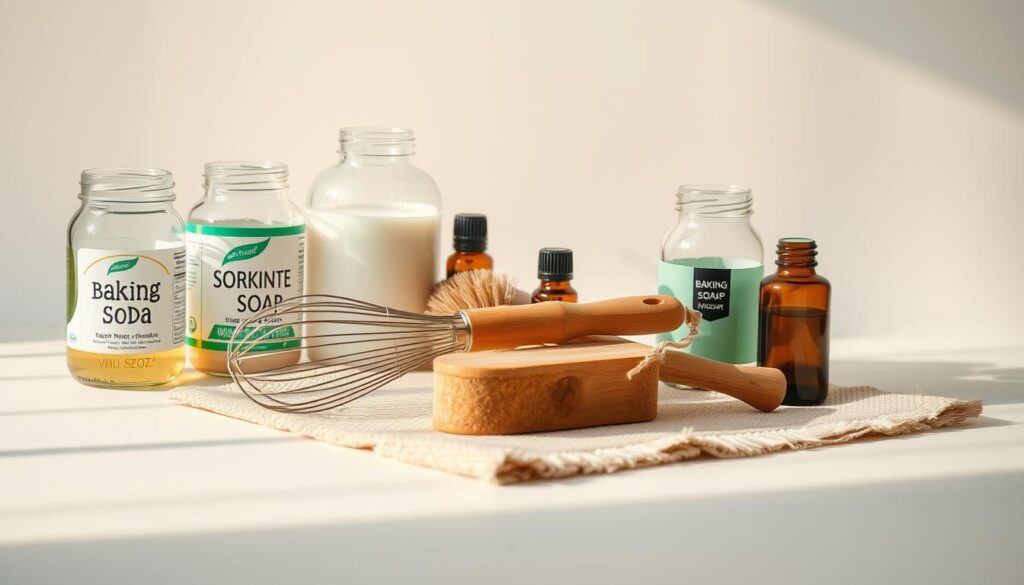 A well-lit, still-life composition showcasing an assortment of natural cleaning ingredients. In the foreground, an arrangement of glass jars containing baking soda, vinegar, castile soap, and essential oils. In the middle ground, a wire whisk, a wooden scrub brush, and a bamboo sponge sit atop a natural fiber cloth. The background features a soft, neutral-toned backdrop, emphasizing the organic, eco-friendly nature of the cleaning supplies. Warm, indirect lighting casts gentle shadows, creating a calming, minimalist atmosphere. The overall aesthetic is clean, simple, and visually appealing, reflecting the "Essential Eco-Cleaning Ingredients & Tools" theme.