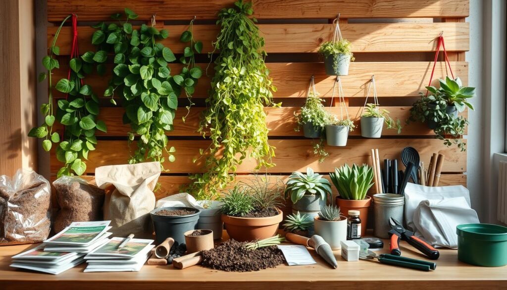 A well-organized arrangement of various vertical gardening materials and tools on a wooden surface, bathed in soft, natural lighting. The foreground features a selection of potting soil, seed packets, trowels, pruning shears, and other essential gardening implements neatly displayed. In the middle ground, a selection of lush, trailing vines, succulents, and other plants in hanging planters or wall-mounted pots. The background showcases a textured wooden panel or pallet, hinting at the DIY nature of the project. The overall scene conveys a sense of inspiration and preparation for an engaging pallet wall gardening endeavor.