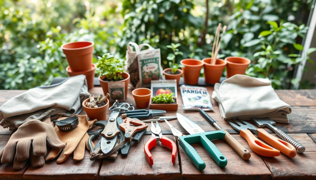 A well-organized gutter garden setup, with various materials and tools neatly arranged on a rustic wooden surface. In the foreground, a selection of gardening gloves, pruning shears, and trowels are carefully placed. The middle ground features terracotta pots, packets of seeds, and small gardening tools. In the background, a backdrop of lush greenery and natural light creates a serene and inviting atmosphere. The lighting is soft and diffused, casting gentle shadows and highlighting the textures of the materials. The camera angle is slightly elevated, allowing for a comprehensive view of the entire setup, showcasing the efficient organization and practical layout for a successful gutter garden project.