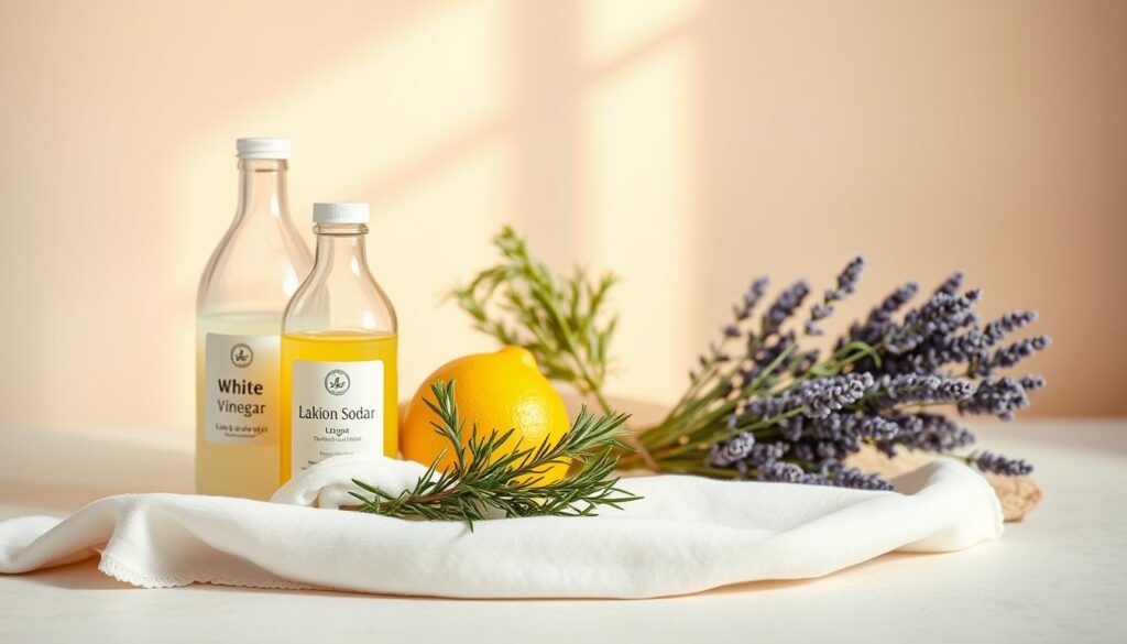 An elegant still life arrangement showcasing a variety of eco-friendly cleaning ingredients. In the foreground, glass bottles filled with natural solutions like white vinegar, lemon juice, and baking soda stand out against a soft, neutral backdrop. In the middle ground, bunches of fresh herbs like rosemary and lavender add pops of vibrant green and purple. The lighting is warm and diffused, casting a gentle glow over the scene. The angle is slightly elevated, providing a clean, uncluttered view of the sustainable cleaning essentials. The overall mood is one of simplicity, mindfulness, and a commitment to a healthier, more environmentally-conscious approach to household cleaning.