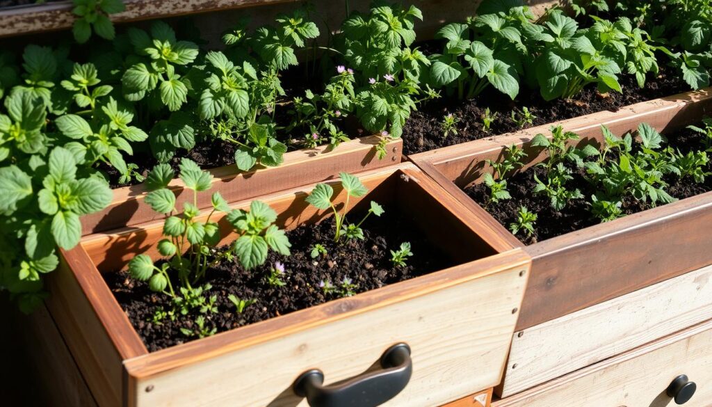 Repurposed dresser drawer garden beds, with lush greenery spilling over the weathered wood. A rustic, reclaimed setup in a bright, natural light. The drawers are arranged creatively, showcasing a variety of herbs, vegetables, and small flowering plants. Textures of the distressed wood, soil, and foliage create a charming, earthy aesthetic. The composition is balanced, with the drawers positioned at varying heights to add visual interest. Soft shadows and highlights accentuate the organic forms. An inspiring display of sustainable gardening within a compact, upcycled space.