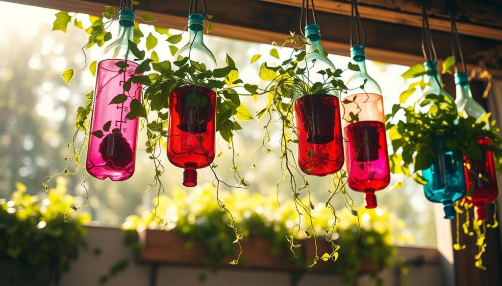 Vibrant hanging planters made from recycled plastic bottles, cascading with lush, verdant foliage. The bottles are artfully arranged, their repurposed forms suspended from rustic, weathered wooden beams, casting dynamic shadows across a bright, sun-dappled backdrop. Delicate vines and trailing stems spill over the bottle rims, creating a captivating, eco-friendly display for a sustainable urban garden. Soft, diffused lighting illuminates the scene, highlighting the textural interplay of the natural and upcycled elements. A harmonious fusion of form and function, this image conveys the beauty and practicality of repurposed materials in a thoughtful, visually striking manner.