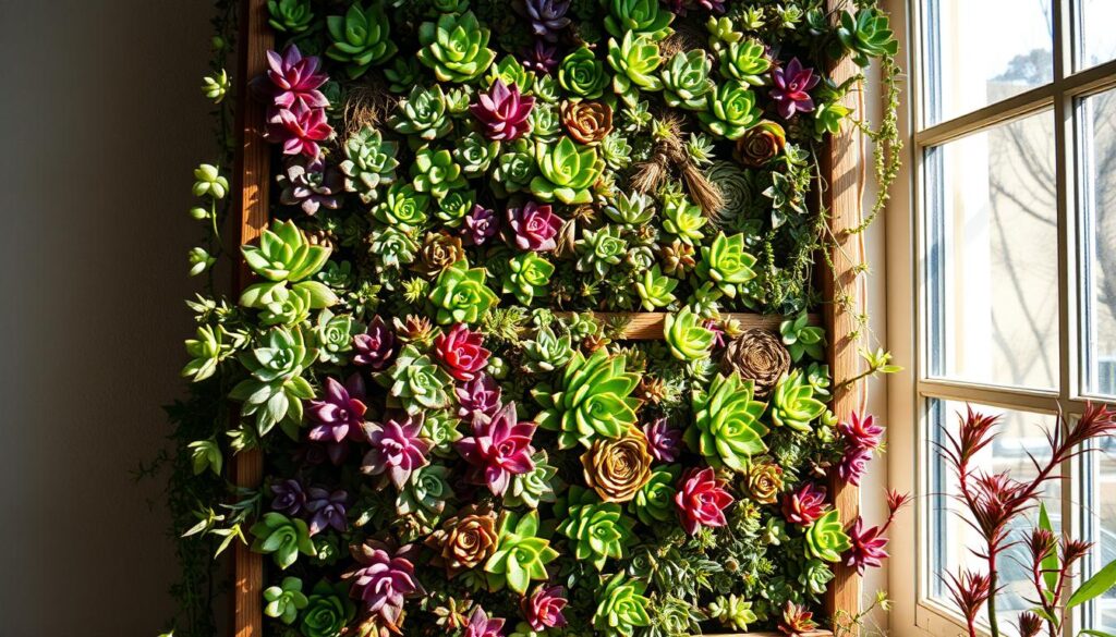 a highly detailed, hyper-realistic, vertical succulent garden filling the frame, shot with a wide-angle lens in natural daylight filtering through a window, creating dramatic shadows and highlights across the varying shapes and textures of the vibrant green, purple, and red succulents cascading down the wooden frame, the garden overflowing with lush vegetation and a sense of tranquil, sustainable growth, the composition balanced and harmonious, conveying an inviting, earthy, and serene atmosphere perfect for a DIY window display