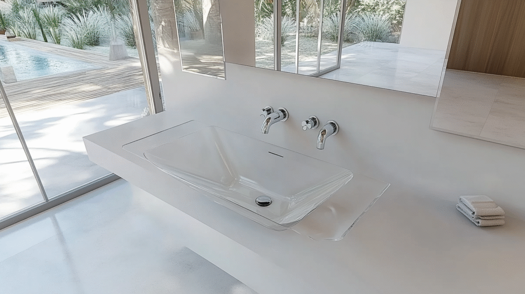 Bathroom sink greywater diversion system installation, showcasing a sleek and modern design. The foreground features the sink basin and faucet, with a clear glass diversion pipe routing the greywater into a concealed storage tank. The middle ground depicts the detailed plumbing components, including valves, connectors, and a water level indicator. The background reveals a minimalist, well-lit bathroom interior, with natural light streaming in through a large window, casting soft shadows and a serene atmosphere. The image conveys a sense of functionality and environmental awareness, highlighting the integration of a sustainable greywater system within a contemporary bathroom setting.
Bathroom sink greywater diversion system installation