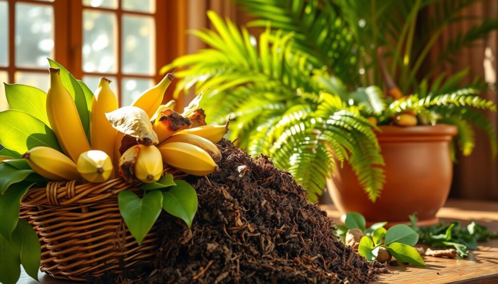 A colorful still life showcasing an assortment of tropical composting ingredients in a warm, natural light. In the foreground, a woven basket overflows with vibrant green leaves, ripe banana peels, and rich brown soil. In the middle ground, a terracotta pot brimming with decaying fruit and vegetable scraps, surrounded by lush ferns and palm fronds. The background features a sun-dappled window, hinting at the tropical climate outside. The composition exudes a sense of abundance and the cyclical nature of organic life. Captured with a shallow depth of field to draw the viewer's eye to the essential elements of successful tropical composting.