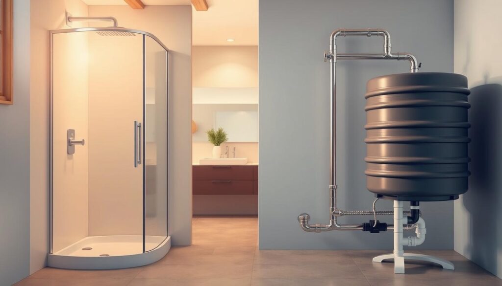 A detailed, technical diagram of a shower greywater system installation, featuring a shower stall, plumbing pipes, and a storage tank in the foreground, with a modern, minimalist bathroom interior in the middle ground, and a neutral, soothing palette in the background. The scene is captured with warm, natural lighting, and the angles emphasize the clean, efficient design of the greywater system components. The overall atmosphere conveys a sense of environmental consciousness and sustainable home living. A detailed, technical diagram of a shower greywater system installation, featuring a shower stall, plumbing pipes, and a storage tank in the foreground, with a modern, minimalist bathroom interior in the middle ground, and a neutral, soothing palette in the background. The scene is captured with warm, natural lighting, and the angles emphasize the clean, efficient design of the greywater system components. The overall atmosphere conveys a sense of environmental consciousness and sustainable home living.