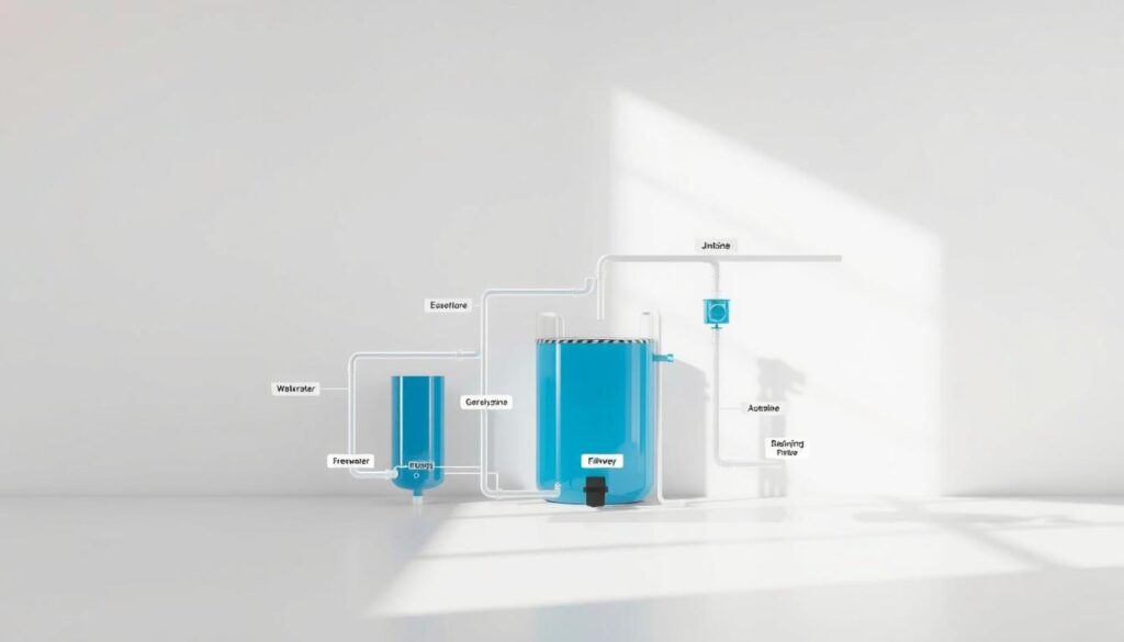 A detailed technical diagram showcasing a greywater system installation, highlighting the various water sources. The foreground depicts the different water inputs, such as sinks, showers, and washing machines, flowing into a central greywater collection tank. The middle ground illustrates the filtration and treatment processes, with clear labels for each component. The background features a serene, minimalist scene with soft, natural lighting, emphasizing the sustainable and eco-friendly nature of the system. The overall composition conveys a sense of clarity and efficiency, helping the viewer understand the basic principles of a greywater system. A detailed technical diagram showcasingwater recycling