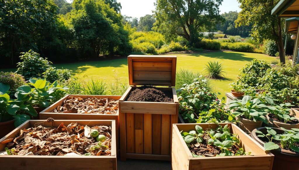 A lush Queensland backyard, sun-dappled and verdant. In the foreground, an array of composting bins, their wooden slats weathered and inviting. Diverse organic materials - vegetable scraps, dried leaves, and spent garden trimmings - are carefully layered within. A hand-crafted composter stands as the centerpiece, its open hatch revealing the rich, dark humus within. Surrounding the composting area, flourishing garden beds brimming with thriving plants, their leaves glistening. In the background, a gently sloping lawn leads the eye to a verdant tree line, hinting at the broader natural landscape. The entire scene is suffused with a warm, golden light, conveying a sense of abundance and well-tended nature.
