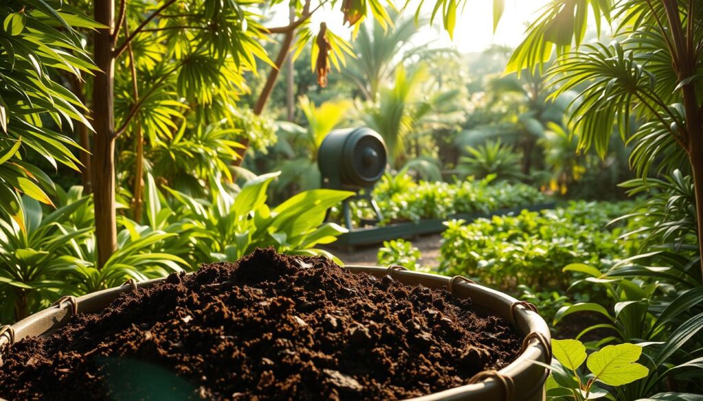 A lush tropical garden in the heart of Queensland, Australia. In the foreground, a well-tended compost bin overflows with rich, dark organic matter. Surrounding it, vibrant green foliage of native plants and trees sway gently in the warm breeze. In the middle ground, a composting tumbler spins slowly, its contents transforming into nutrient-dense soil. Farther back, a verdant vegetable patch thrives, nourished by the compost produced on-site. Soft, diffused sunlight filters through the canopy, casting a warm, earthy glow over the entire scene. The mood is one of abundance, sustainability, and a deep connection to the land. A serene, idyllic vision of composting techniques tailored for Queensland's tropical climate.