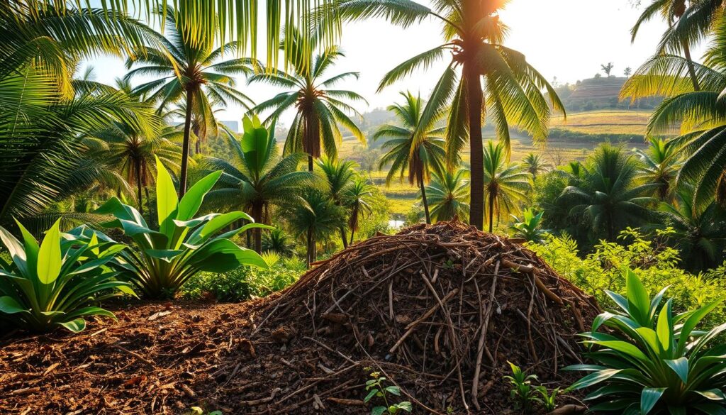 A lush tropical landscape in Queensland, Australia, with a thriving composting area in the foreground. Verdant palm trees and vibrant foliage create a verdant backdrop, while a well-maintained compost pile takes center stage, its earthy tones contrasting with the vibrant greens. Warm, diffused sunlight filters through the canopy, casting a soft, golden glow over the scene. The compost bin is surrounded by various tropical plants, hinting at the diverse ecosystem that thrives in this nutrient-rich environment. In the distance, a rolling hill dotted with more tropical vegetation creates a sense of depth and tranquility. The overall atmosphere conveys the perfect balance of nature's cycles, where decomposition fuels new growth in Queensland's tropical climate.