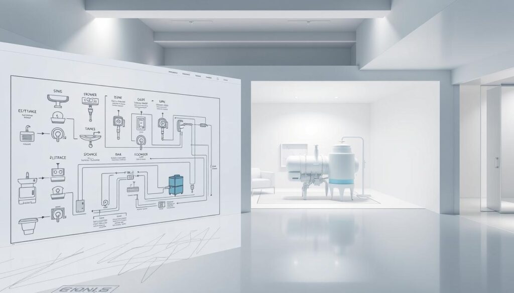 A sleek, contemporary architectural blueprint showcasing an integrated greywater system design. In the foreground, a detailed schematic diagram illustrates the flow of water through a multi-source network, including sinks, showers, and washing machines. The middle ground features a three-dimensional, isometric rendering of the system's components, such as storage tanks, filtration units, and distribution pipes, all seamlessly integrated into the building's infrastructure. The background depicts a minimalist, well-lit interior with clean lines and neutral tones, highlighting the system's streamlined, high-tech aesthetic. Subtle lighting and a crisp, technical perspective enhance the technical precision and efficiency of the design. A sleek, contemporary architectural blueprint showcasing an integrated greywater system design. In the foreground, a detailed schematic diagram illustrates the flow of water through a multi-source network, including sinks, showers, and washing machines. The middle ground features a three-dimensional, isometric rendering of the system's components, such as storage tanks, filtration units, and distribution pipes, all seamlessly integrated into the building's infrastructure. The background depicts a minimalist, well-lit interior with clean lines and neutral tones, highlighting the system's streamlined, high-tech aesthetic. Subtle lighting and a crisp, technical perspective enhance the technical precision and efficiency of the design.