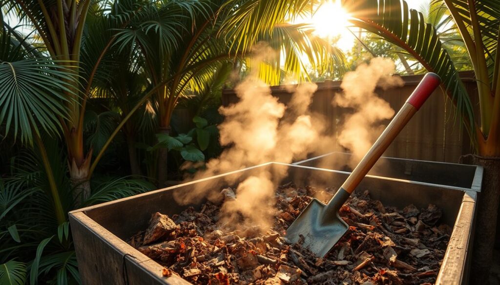 A tropical backyard composting setup with an open-air bin, surrounded by lush foliage and palm trees. The bin is filled with decomposing organic matter, steam rising from the active microbial processes. Sunlight filters through the canopy, casting warm, golden hues across the scene. A shovel protrudes from the bin, hinting at the manual work involved in hot composting. The overall atmosphere conveys the humidity and heat of a tropical climate, ideal for accelerating the decomposition of waste materials.