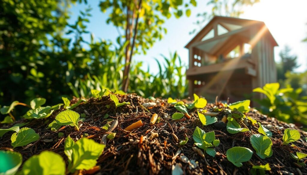 A verdant Queensland garden in the summertime, the sun's golden rays illuminating a thriving compost heap. In the foreground, layers of organic matter - vibrant green leaves, rich brown soil, and a scattering of vegetable scraps - create a textural tapestry. Mid-frame, a wooden compost bin stands open, revealing the decomposition process in action. The background features lush foliage and a clear blue sky, conveying a sense of abundance and renewal. Soft, diffused lighting casts gentle shadows, highlighting the dynamic interplay of elements. The overall scene exudes a serene, nurturing atmosphere, perfectly capturing the essence of summer composting in the Queensland landscape. A verdant Queensland garden in the summertime, the sun's golden rays illuminating a thriving compost heap. In the foreground, layers of organic matter - vibrant green leaves, rich brown soil, and a scattering of vegetable scraps - create a textural tapestry. Mid-frame, a wooden compost bin stands open, revealing the decomposition process in action. The background features lush foliage and a clear blue sky, conveying a sense of abundance and renewal. Soft, diffused lighting casts gentle shadows, highlighting the dynamic interplay of elements. The overall scene exudes a serene, nurturing atmosphere, perfectly capturing the essence of summer composting in the Queensland landscape.