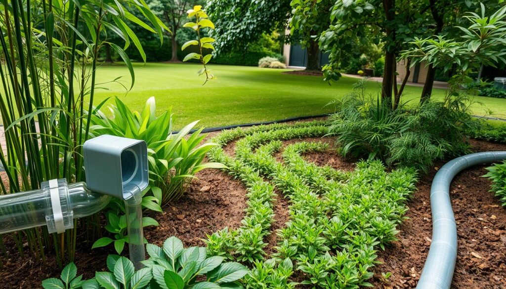 A well-designed greywater irrigation system in a lush, thriving garden. In the foreground, a clear plastic pipe directs greywater from a nearby laundry or sink into a distribution box. Surrounding the box, verdant plants such as bamboo, ferns, and trailing vines thrive in the nutrient-rich soil. In the middle ground, a series of shallow, level-contoured trenches wind through the garden beds, channeling the greywater to the roots of the plants. In the background, a neatly manicured lawn and a variety of leafy trees create a pleasant, natural atmosphere. Soft, diffused lighting filters through the foliage, highlighting the system's integration with the overall landscape. The scene conveys a sense of sustainability, efficiency, and harmony between human systems and the natural environment. A well-designed greywater irrigation system in a lush, thriving garden. In the foreground, a clear plastic pipe directs greywater from a nearby laundry or sink into a distribution box. Surrounding the box, verdant plants such as bamboo, ferns, and trailing vines thrive in the nutrient-rich soil. In the middle ground, a series of shallow, level-contoured trenches wind through the garden beds, channeling the greywater to the roots of the plants. In the background, a neatly manicured lawn and a variety of leafy trees create a pleasant, natural atmosphere. Soft, diffused lighting filters through the foliage, highlighting the system's integration with the overall landscape. The scene conveys a sense of sustainability, efficiency, and harmony between human systems and the natural environment.
