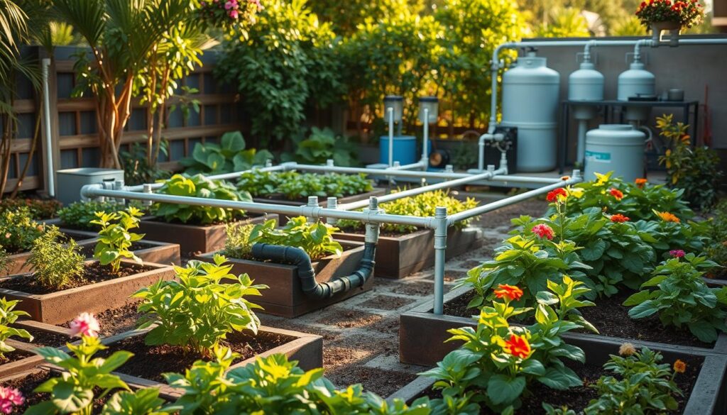 An efficient greywater irrigation system in a lush, sustainable garden. The foreground showcases a series of interconnected planter beds, with healthy, vibrant plants and flowers thriving on the greywater supply. In the middle ground, a discreet yet functional distribution network of pipes and valves guides the recycled household water. The background reveals a neatly organized, well-maintained system of storage tanks and filters, bathed in warm, natural lighting that creates a serene, earthy atmosphere. The whole scene conveys a harmonious integration of technology and nature, where a thoughtfully designed greywater system enables a flourishing, eco-friendly landscape. An efficient greywater irrigation system in a lush, sustainable garden. The foreground showcases a series of interconnected planter beds, with healthy, vibrant plants and flowers thriving on the greywater supply. In the middle ground, a discreet yet functional distribution network of pipes and valves guides the recycled household water. The background reveals a neatly organized, well-maintained system of storage tanks and filters, bathed in warm, natural lighting that creates a serene, earthy atmosphere. The whole scene conveys a harmonious integration of technology and nature, where a thoughtfully designed greywater system enables a flourishing, eco-friendly landscape.