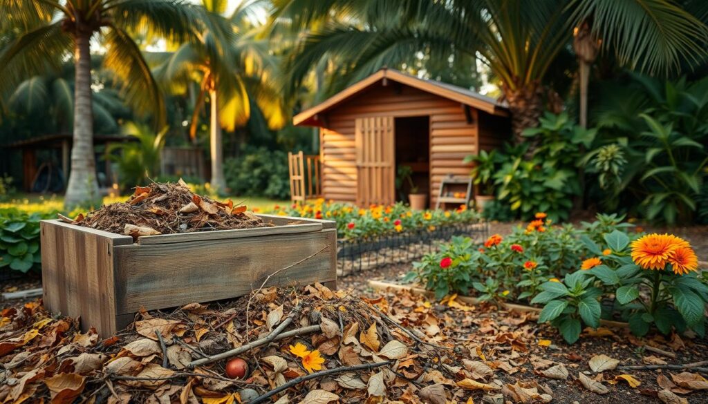 Autumn composting in a lush Queensland garden. A vibrant scene with rich, earthy tones - a wooden compost bin in the foreground, surrounded by fallen leaves, twigs, and colorful flowers. In the middle ground, a flourishing vegetable patch, with ripe produce peeking out. The background features a cozy wooden shed, nestled among towering palm trees, casting soft, warm lighting across the scene. The overall mood is one of abundance, productivity, and the natural cycle of seasons. A wide-angle lens captures the harmonious integration of composting, gardening, and the subtropical Queensland climate. Autumn composting in a lush Queensland garden. A vibrant scene with rich, earthy tones - a wooden compost bin in the foreground, surrounded by fallen leaves, twigs, and colorful flowers. In the middle ground, a flourishing vegetable patch, with ripe produce peeking out. The background features a cozy wooden shed, nestled among towering palm trees, casting soft, warm lighting across the scene. The overall mood is one of abundance, productivity, and the natural cycle of seasons. A wide-angle lens captures the harmonious integration of composting, gardening, and the subtropical Queensland climate.