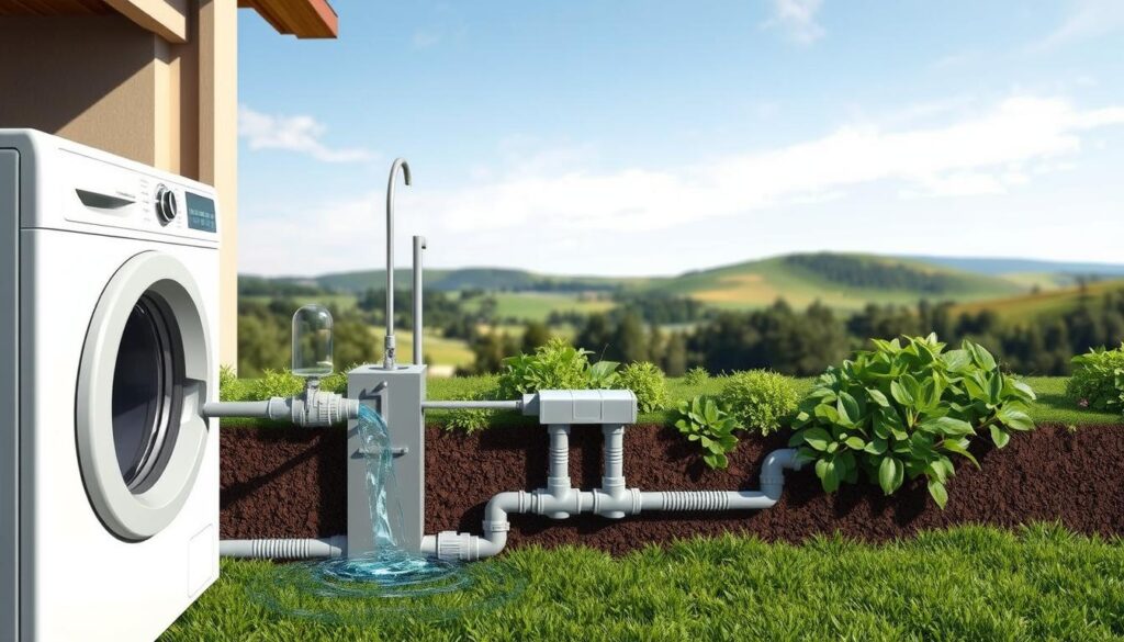 Laundry-to-landscape greywater system installation. A detailed, technical illustration showcasing the various components of a greywater system. In the foreground, a washing machine drains into a distribution box, directing water through underground pipes to the landscape. In the middle ground, lush vegetation thrives, nourished by the recycled greywater. The background depicts a serene, natural setting with rolling hills and a clear sky, conveying the environmental benefits of this sustainable system. Captured through a wide-angle lens, the image highlights the integration of the domestic and natural realms, with soft, diffused lighting illuminating the scene. Laundry-to-landscape greywater system installation. A detailed, technical illustration showcasing the various components of a greywater system. In the foreground, a washing machine drains into a distribution box, directing water through underground pipes to the landscape. In the middle ground, lush vegetation thrives, nourished by the recycled greywater. The background depicts a serene, natural setting with rolling hills and a clear sky, conveying the environmental benefits of this sustainable system. Captured through a wide-angle lens, the image highlights the integration of the domestic and natural realms, with soft, diffused lighting illuminating the scene.